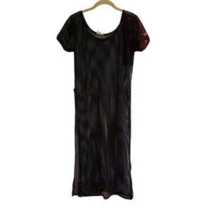 OBJEX Black Fish Net Short Sleeve Size Slit Midi Dress Size Medium